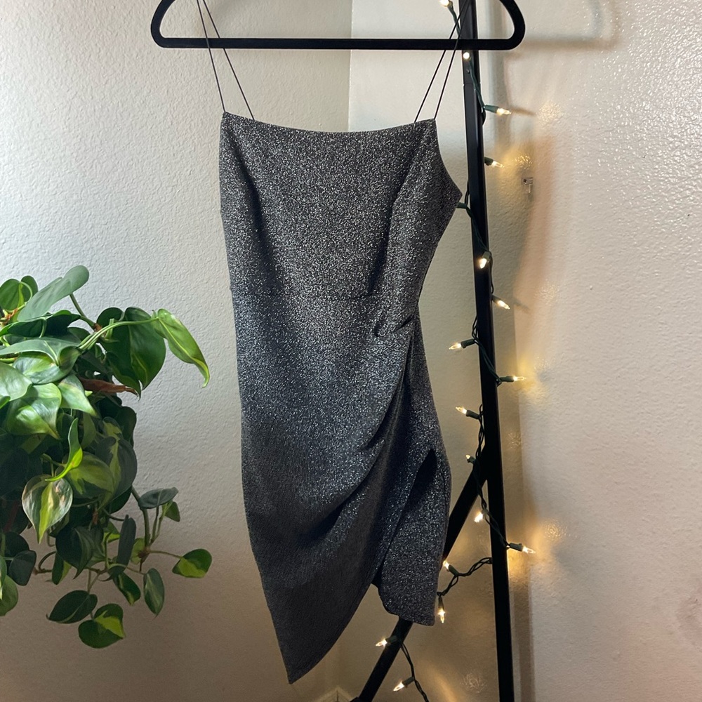 Sparkly Silver Asymmetrical Mini Dress